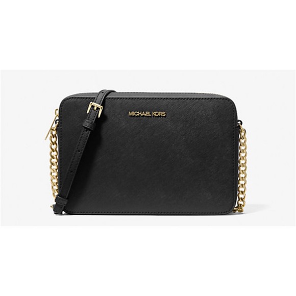 Michael Kors Jet Set Crossbody Bag Black Leather Gold‎ Chain Women's Purse - Picture 1 of 15